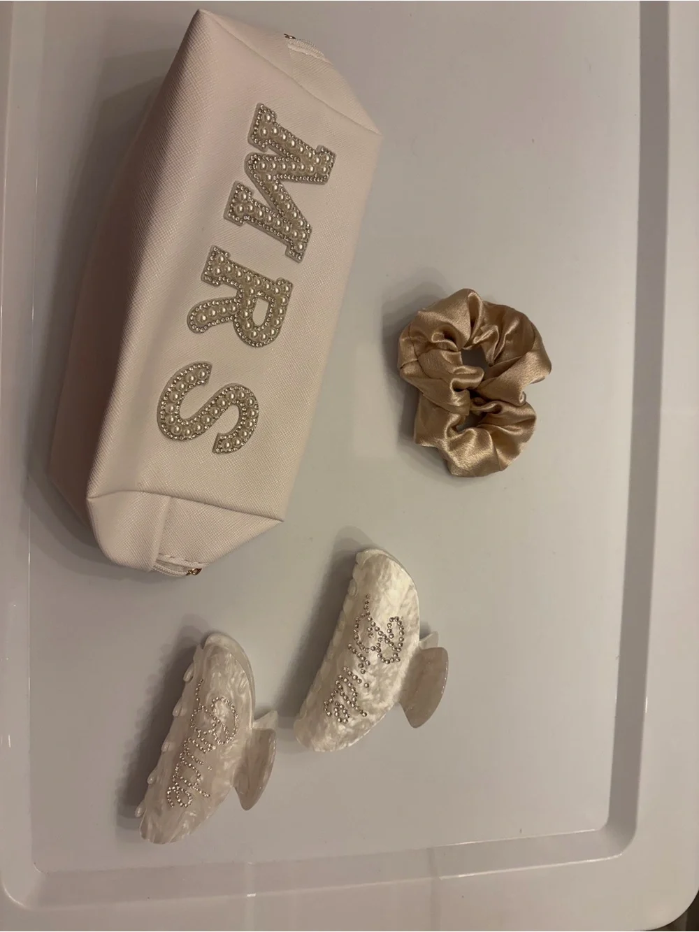 Bridal Kit:Cream Cosmetic Pouch Pearl 'MRS' Detail, 2 Bride Claw Clips, Scunchie